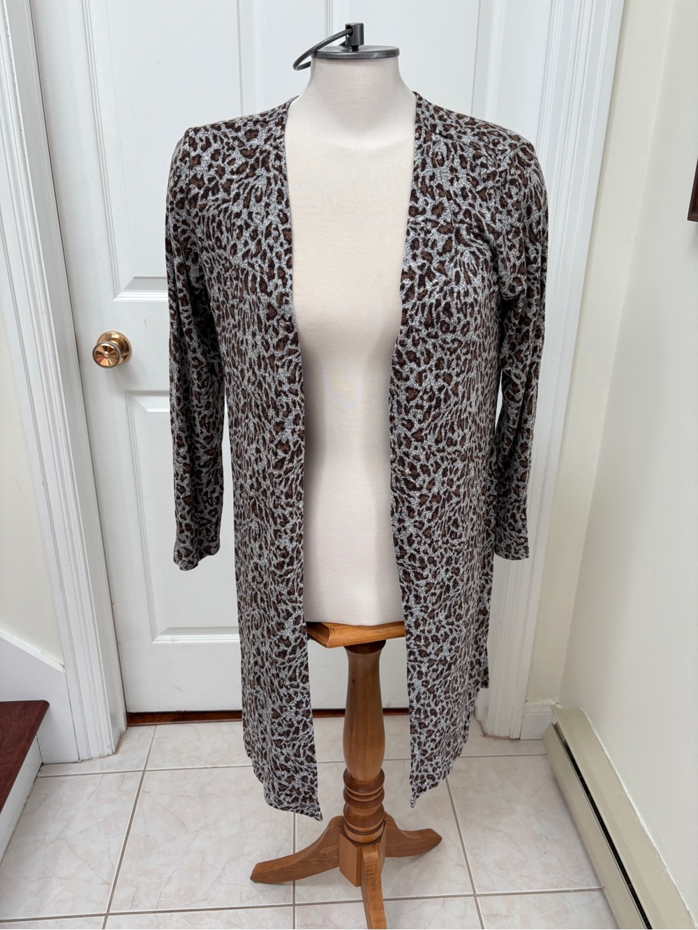 Style & Co. Brown and Gray Leopard Print Open-Front Cardigan